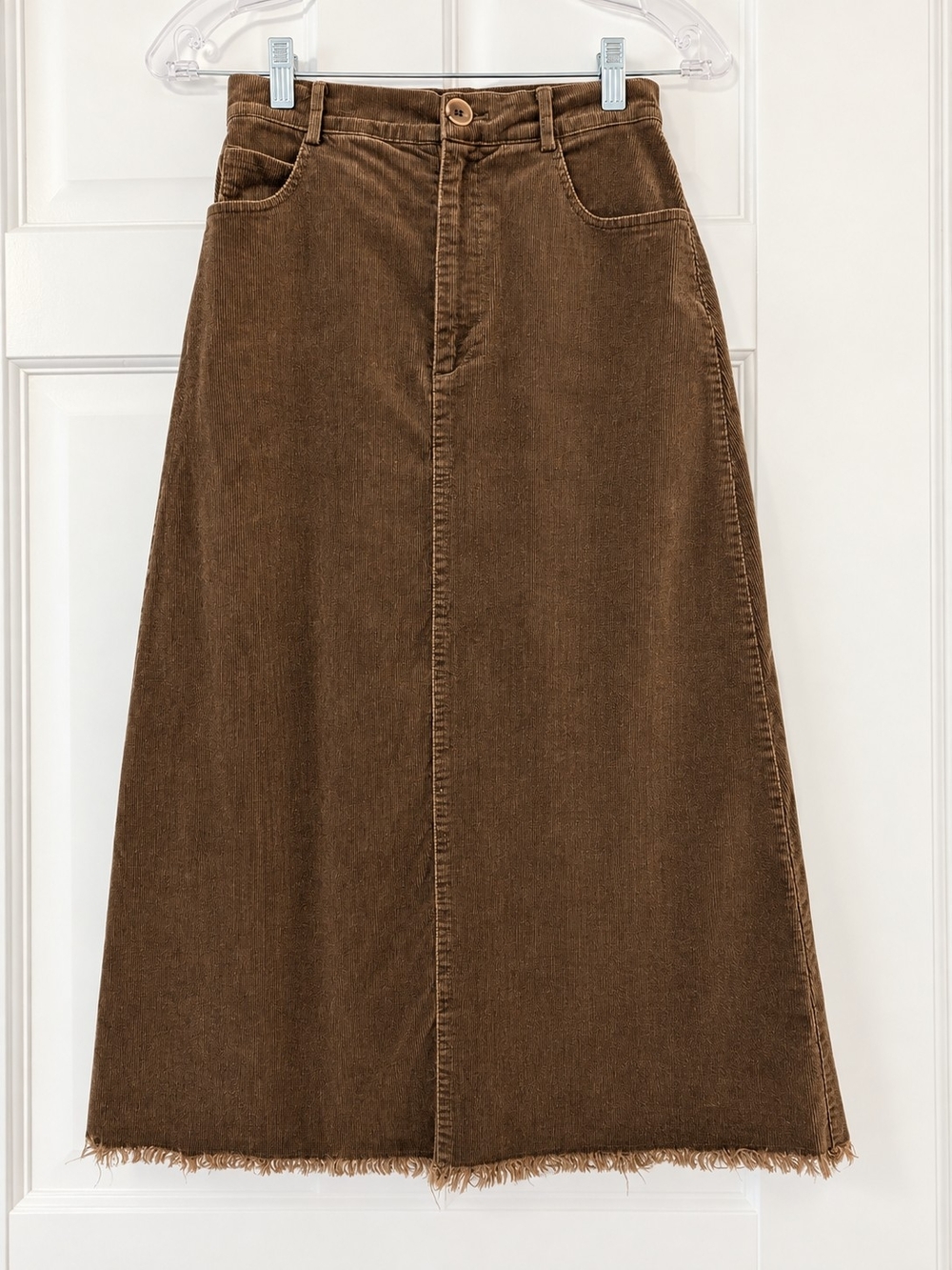 Trendy iWing 98% Cotton Corduroy Brown Longline Skirt With Raw Edge Hemline